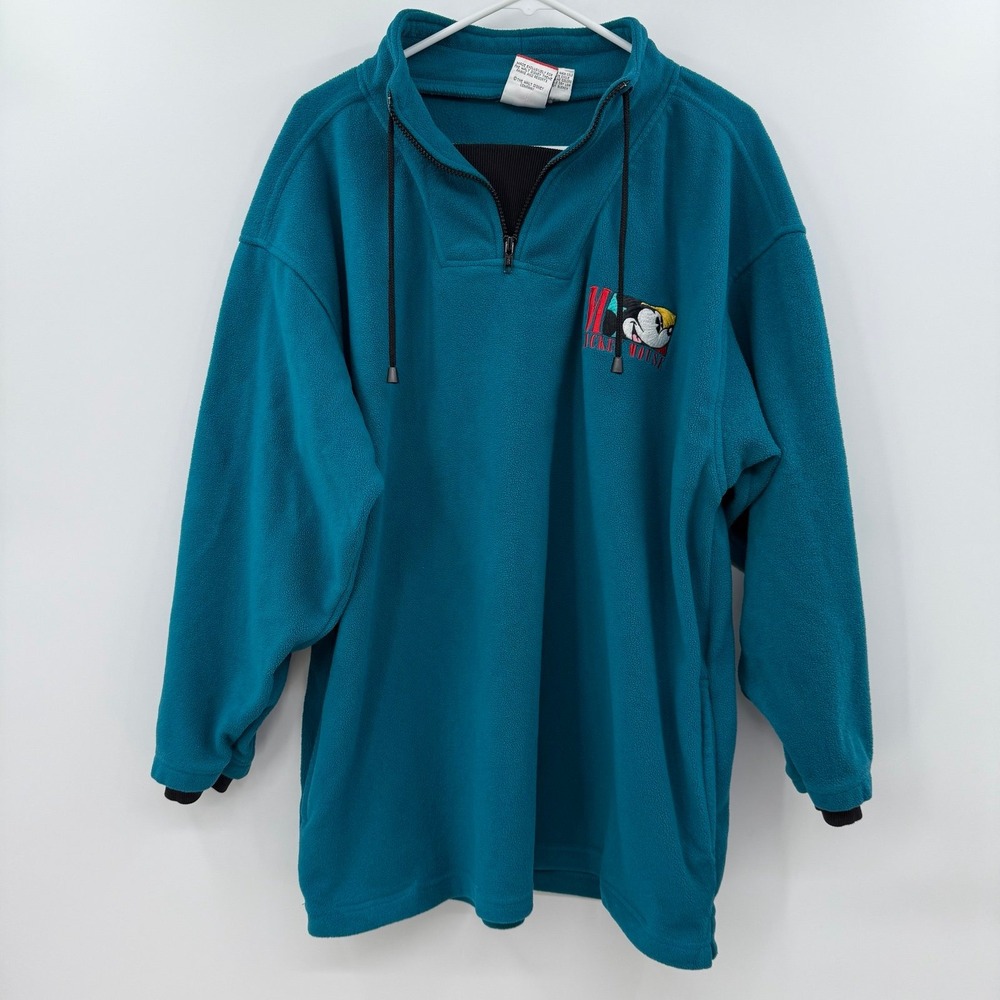 Vintage Mickey Mouse Inc Sweater Teal Aqua Fleece 1/4 Zip Pullover 80s 90s large